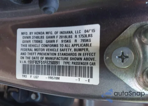 2015 Honda Civic Lx из США, поврежденный, VIN 19XFB2F51FE250091